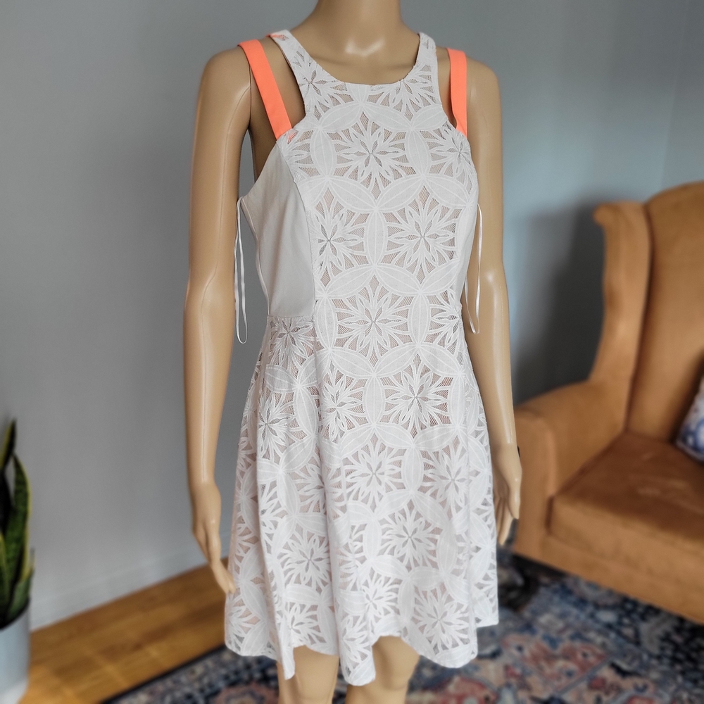 Jealous Tomato White Mini Dress With Neon Orange Straps, Anthropology, Size M